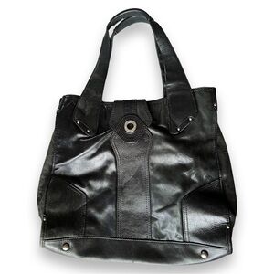 Perlina Black Glazed Leather Large Tote Shoulder Bag Purse Handbag